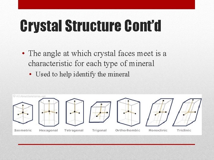 Crystal Structure Cont’d • The angle at which crystal faces meet is a characteristic