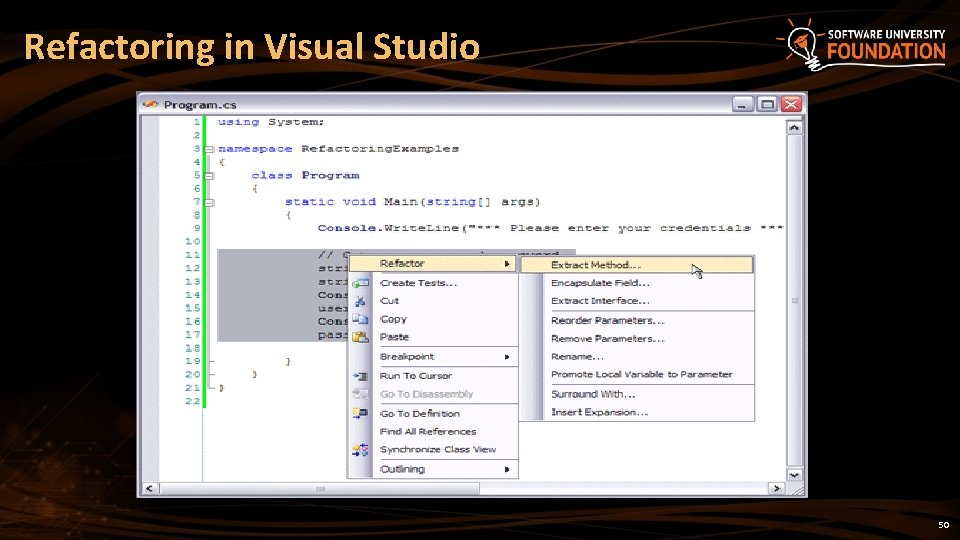 Refactoring in Visual Studio 50 