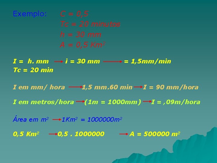 Exemplo: I = h. mm Tc = 20 min C = 0, 5 Tc