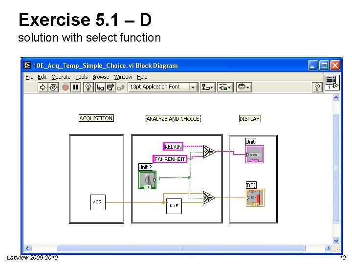 Exercise 5. 1 – D solution with select function Labview 2009 -2010 10 Exercise 5. 1 – D solution with select function Labview 2009 -2010 10