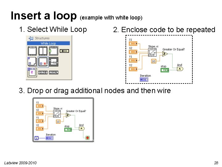 Insert a loop (example with white loop) 1. Select While Loop 2. Enclose code Insert a loop (example with white loop) 1. Select While Loop 2. Enclose code