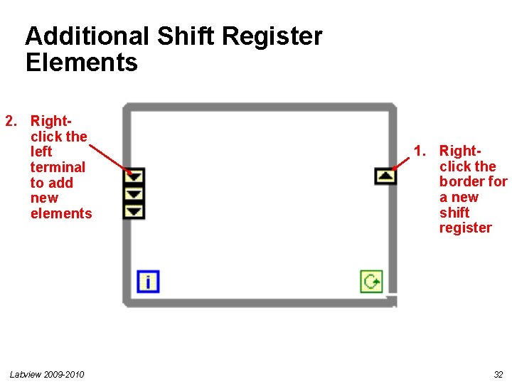 Additional Shift Register Elements 2. Rightclick the left terminal to add new elements Labview Additional Shift Register Elements 2. Rightclick the left terminal to add new elements Labview