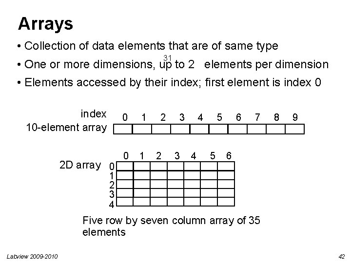 Arrays • Collection of data elements that are of same type 31 • One Arrays • Collection of data elements that are of same type 31 • One