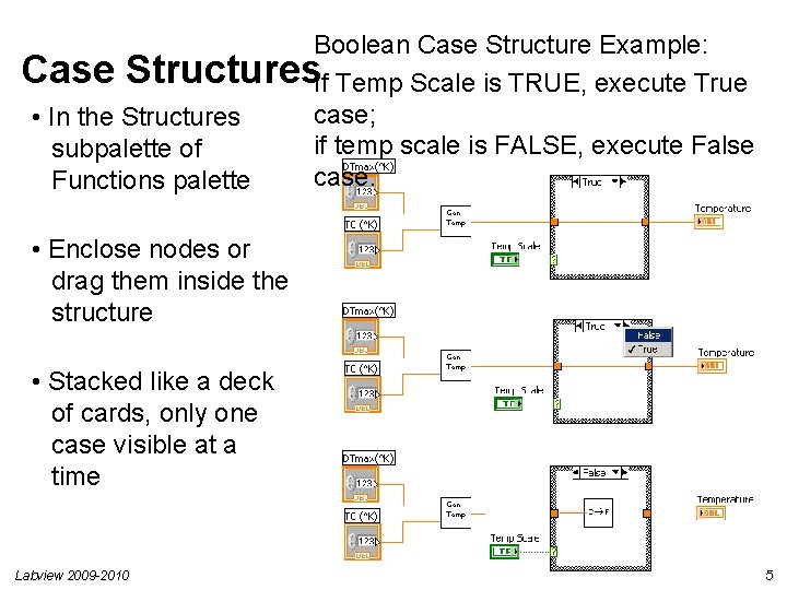 Boolean Case Structure Example: Case Structures. If Temp Scale is TRUE, execute True case;