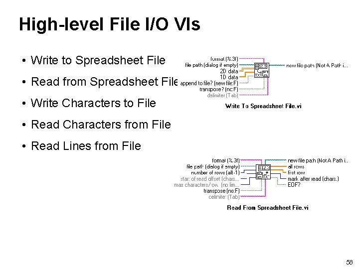 High-level File I/O VIs • Write to Spreadsheet File • Read from Spreadsheet File High-level File I/O VIs • Write to Spreadsheet File • Read from Spreadsheet File