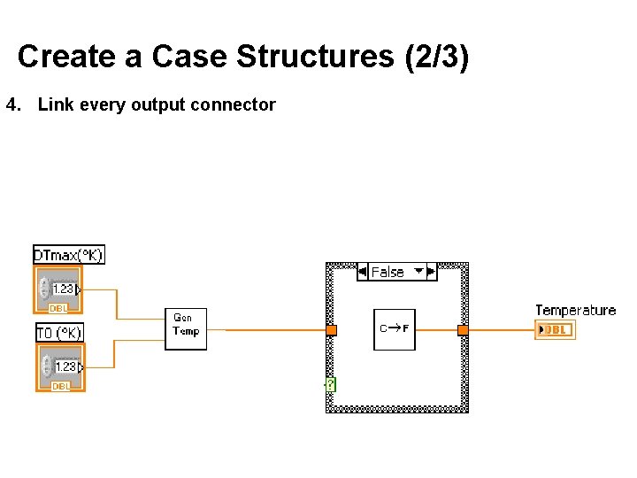 Create a Case Structures (2/3) 4. Link every output connector Create a Case Structures (2/3) 4. Link every output connector