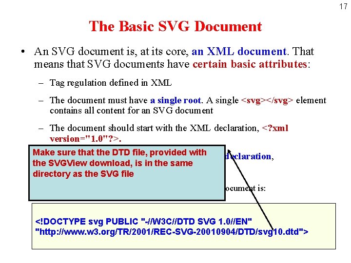 17 The Basic SVG Document • An SVG document is, at its core, an