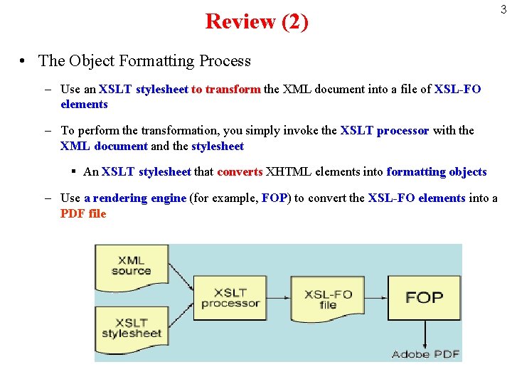 Review (2) • The Object Formatting Process – Use an XSLT stylesheet to transform