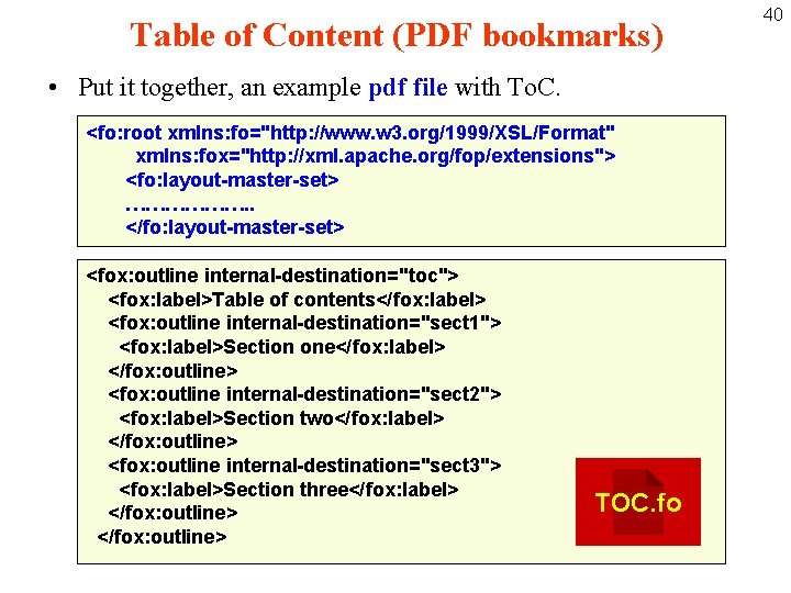 Table of Content (PDF bookmarks) • Put it together, an example pdf file with