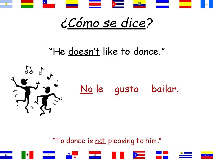 ¿Cómo se dice? “He doesn’t like to dance. ” No le gusta bailar. “To