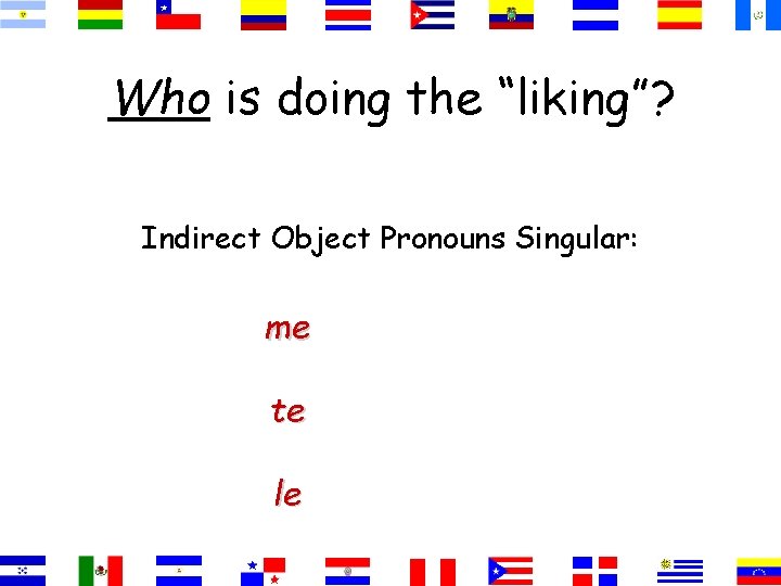 Who is doing the “liking”? Indirect Object Pronouns Singular: me te le 