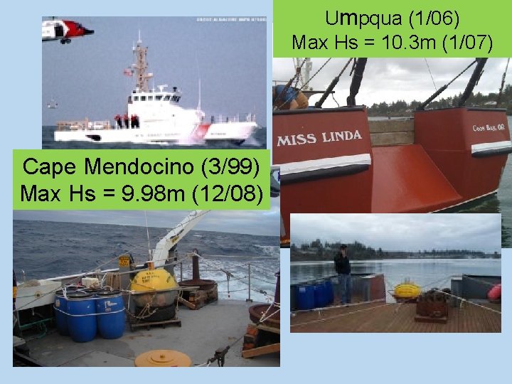 Umpqua (1/06) Max Hs = 10. 3 m (1/07) Cape Mendocino (3/99) Max Hs