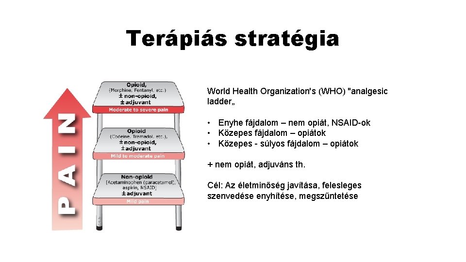 Terápiás stratégia World Health Organization's (WHO) "analgesic ladder„ • Enyhe fájdalom – nem opiát,