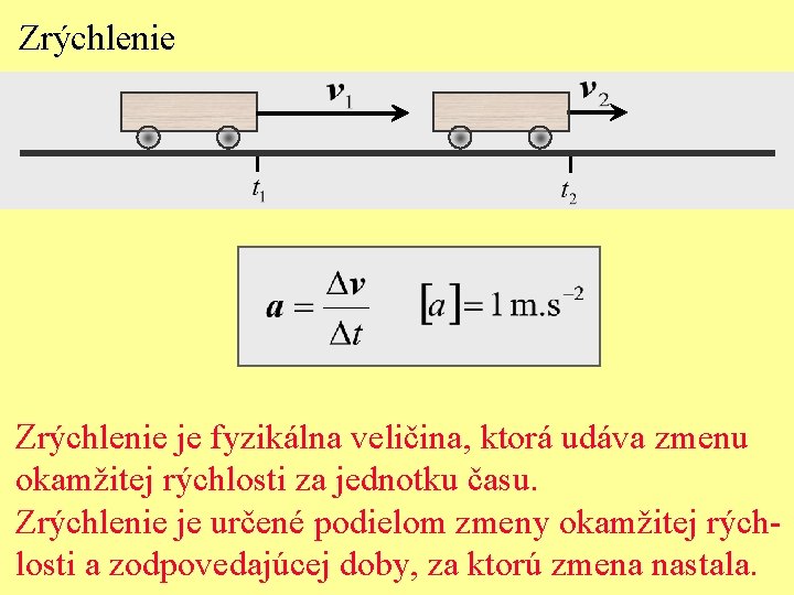 Zrýchlenie je fyzikálna veličina, ktorá udáva zmenu okamžitej rýchlosti za jednotku času. Zrýchlenie je