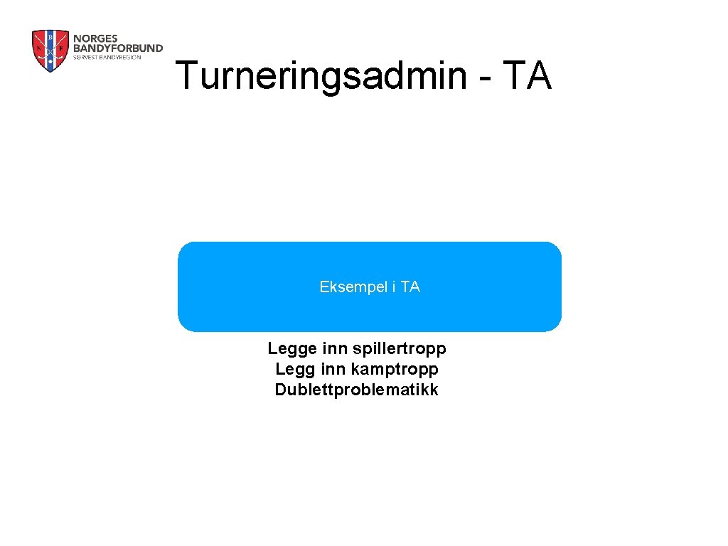 Turneringsadmin - TA Eksempel i TA Legge inn spillertropp Legg inn kamptropp Dublettproblematikk 
