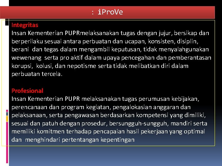 : i. Pro. Ve Integritas Insan Kementerian PUPRmelaksanakan tugas dengan jujur, bersikap dan berperilaku : i. Pro. Ve Integritas Insan Kementerian PUPRmelaksanakan tugas dengan jujur, bersikap dan berperilaku