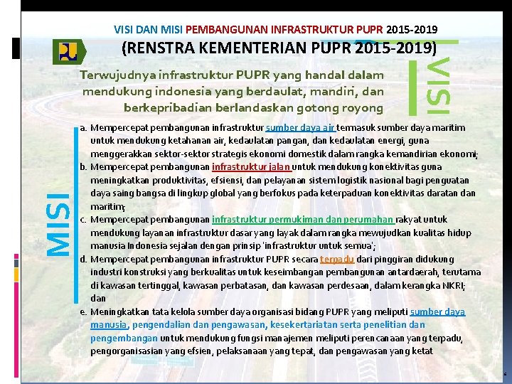 VISI DAN MISI PEMBANGUNAN INFRASTRUKTUR PUPR 2015 -2019 MISI Terwujudnya infrastruktur PUPR yang handal