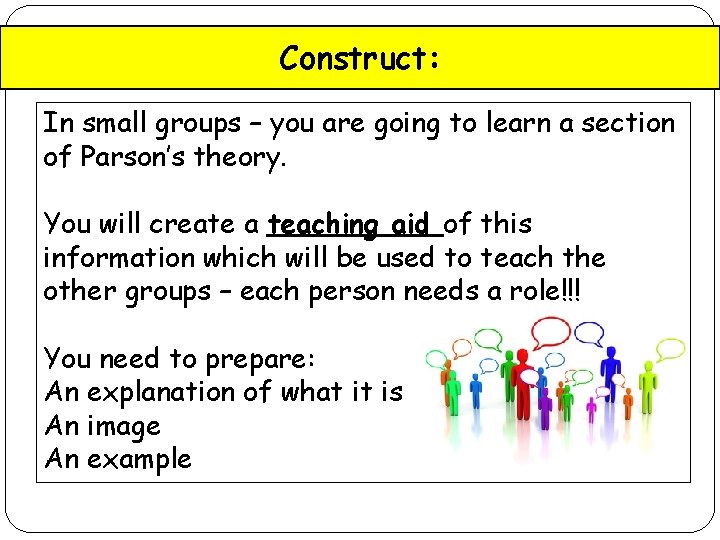 Construct: In small groups – you are going to learn a section of Parson’s