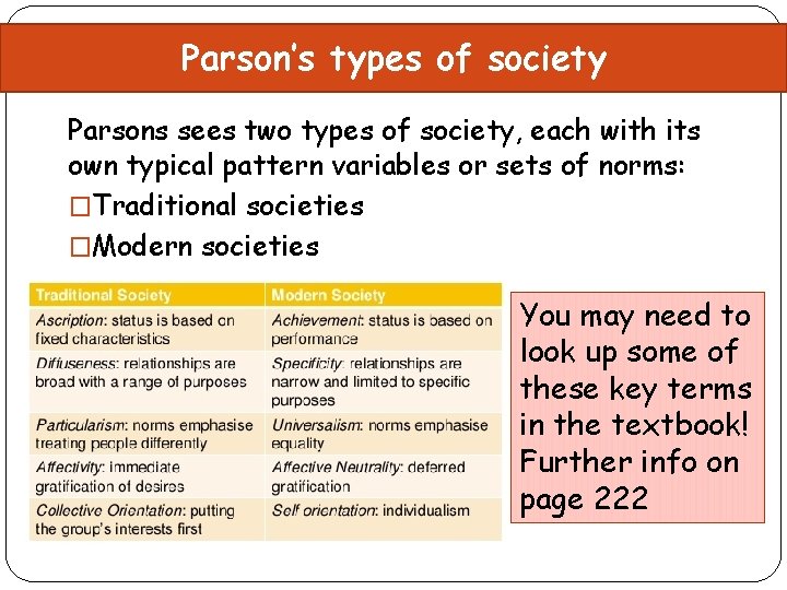 Parson’s types of society Parsons sees two types of society, each with its own