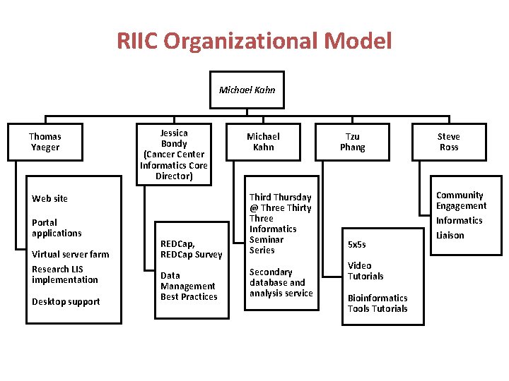 RIIC Organizational Model Michael Kahn Thomas Yaeger Jessica Bondy (Cancer Center Informatics Core Director)