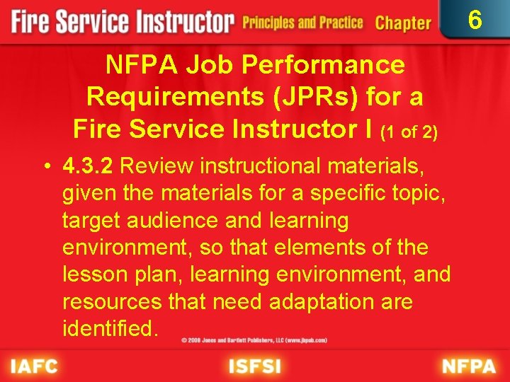 6 NFPA Job Performance Requirements (JPRs) for a Fire Service Instructor I (1 of