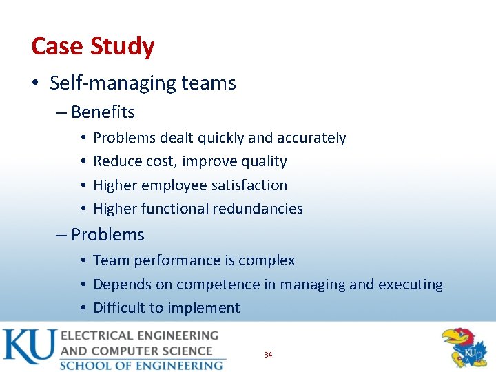 Case Study • Self-managing teams – Benefits • • Problems dealt quickly and accurately