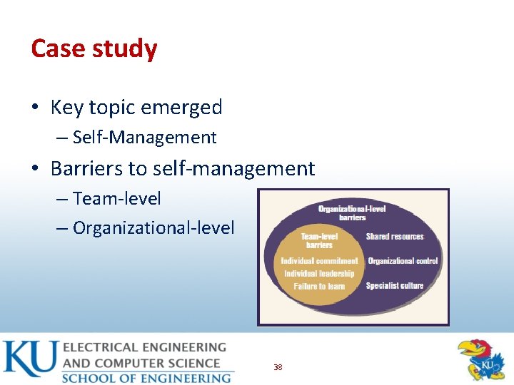 Case study • Key topic emerged – Self-Management • Barriers to self-management – Team-level