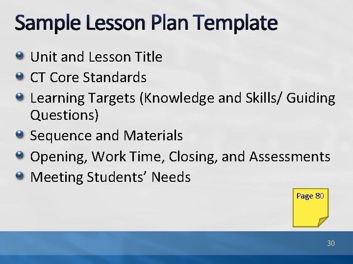 Sample Lesson Plan Template Unit and Lesson Title CT Core Standards Learning Targets (Knowledge
