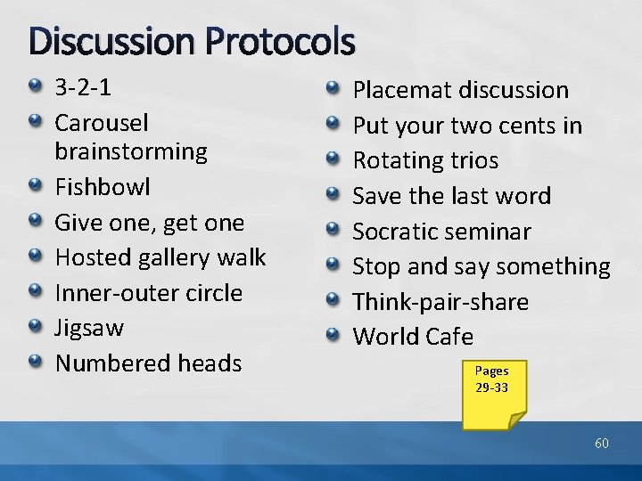 Discussion Protocols 3 -2 -1 Carousel brainstorming Fishbowl Give one, get one Hosted gallery