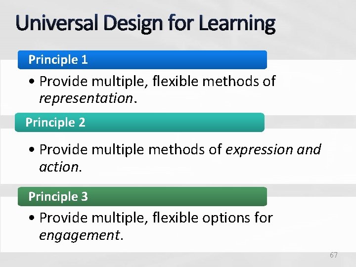 Universal Design for Learning Principle 1 • Provide multiple, flexible methods of representation. Principle