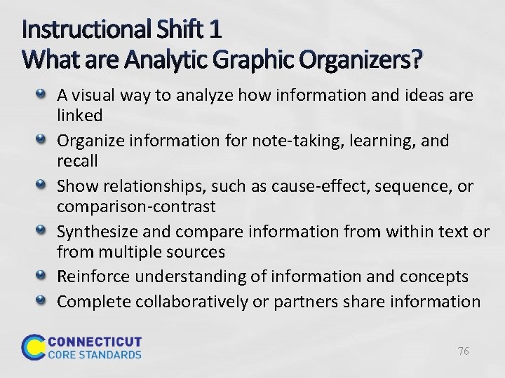 Instructional Shift 1 What are Analytic Graphic Organizers? A visual way to analyze how