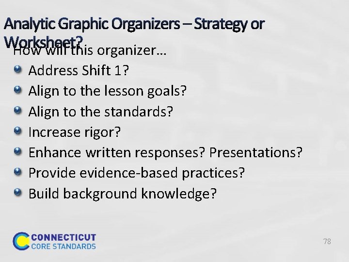 Analytic Graphic Organizers – Strategy or Worksheet? How will this organizer… Address Shift 1?