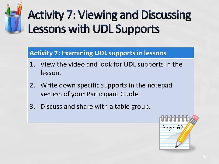 Activity 7: Viewing and Discussing Lessons with UDL Supports Activity 7: Examining UDL supports