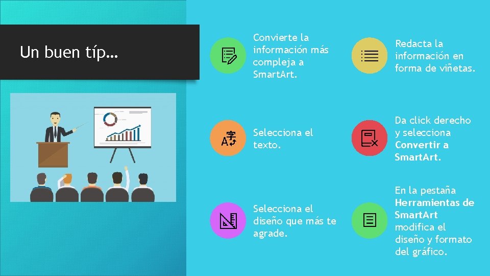Un buen típ… Convierte la información más compleja a Smart. Art. Redacta la información