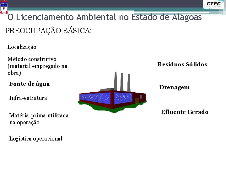 O Licenciamento Ambiental no Estado de Alagoas PREOCUPAÇÃO BÁSICA: Localização Método construtivo (material empregado