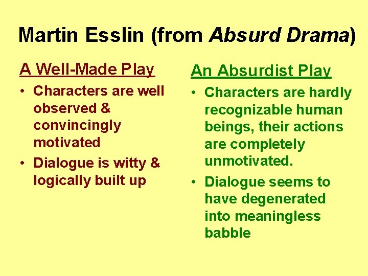 Martin Esslin (from Absurd Drama) A Well-Made Play An Absurdist Play • Characters are