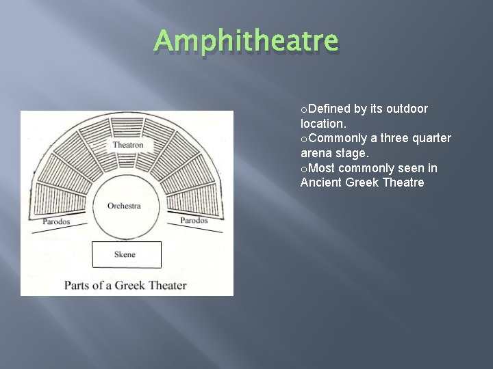 Amphitheatre o. Defined by its outdoor location. o. Commonly a three quarter arena stage.