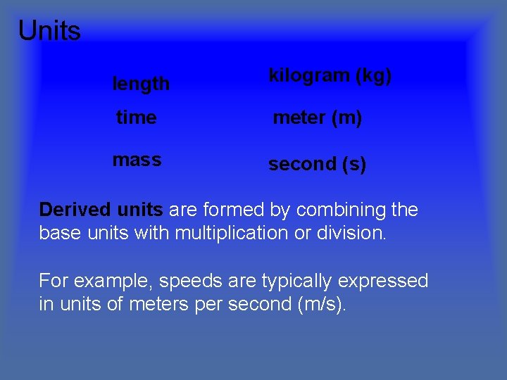 Units length kilogram (kg) time meter (m) mass second (s) Derived units are formed