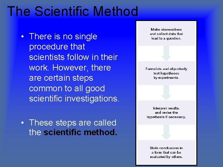 The Scientific Method • There is no single procedure that scientists follow in their