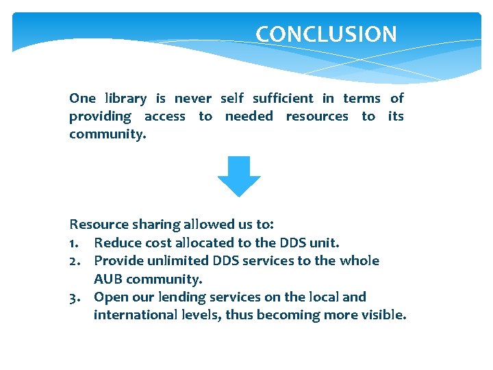  CONCLUSION One library is never self sufficient in terms of providing access to