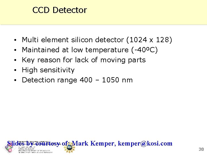 CCD Detector • • • Multi element silicon detector (1024 x 128) Maintained at