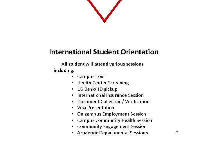 International Student Orientation All student will attend various sessions including: • Campus Tour •