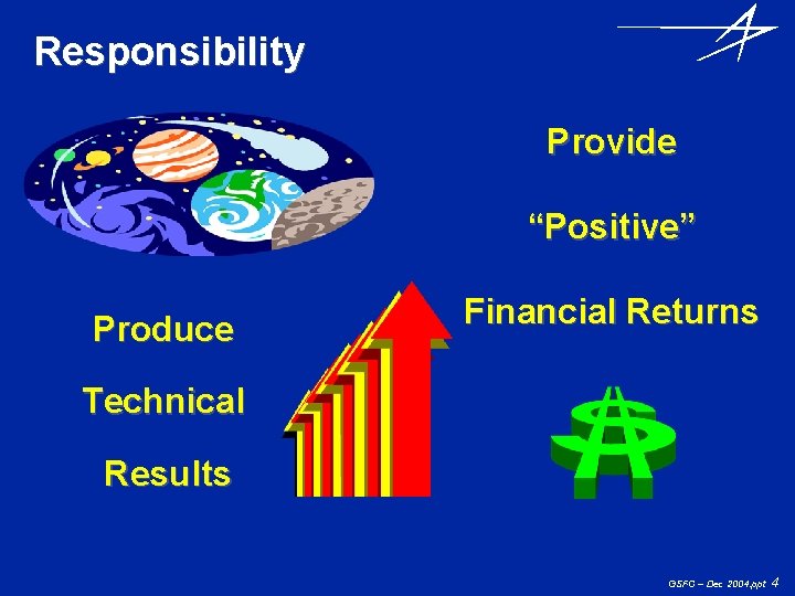 Responsibility Provide “Positive” Produce Financial Returns Technical Results GSFC – Dec 2004. ppt 4