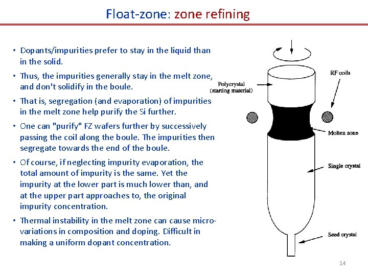 Float-zone: zone refining • Dopants/impurities prefer to stay in the liquid than in the