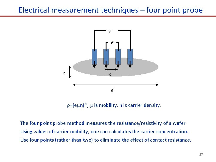 Electrical measurement techniques – four point probe I V t S d =(e n)-1,