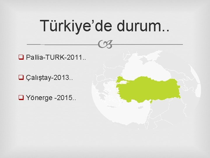 Türkiye’de durum. . q Pallia-TURK-2011. . q Çalıştay-2013. . q Yönerge -2015. . 