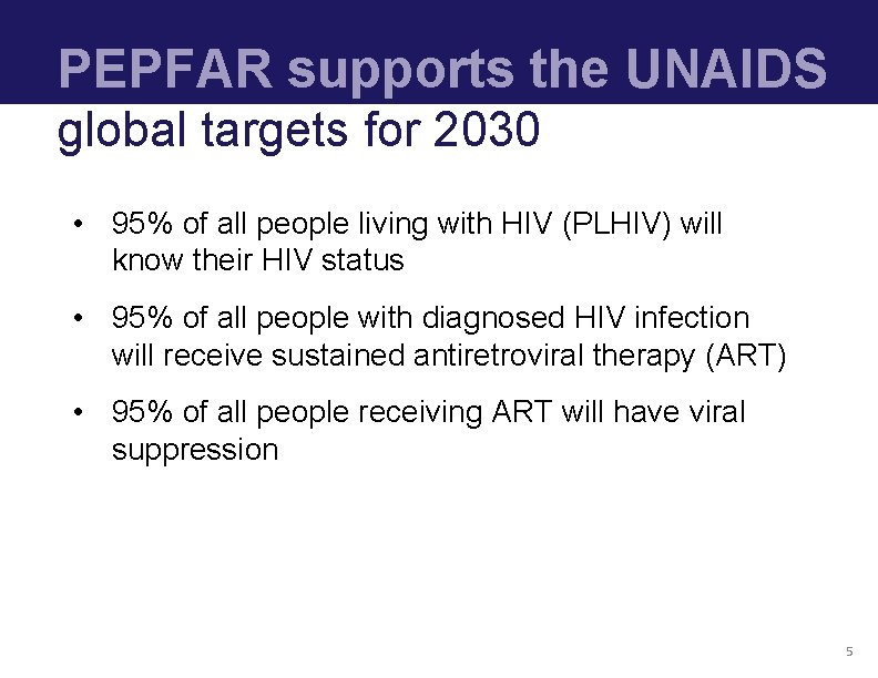 PEPFAR supports the UNAIDS global targets for 2030 • 95% of all people living