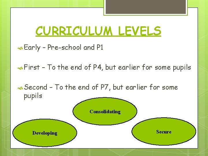 CURRICULUM LEVELS Early – Pre-school and P 1 First – To the end of