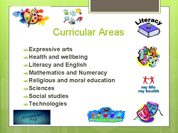 Curricular Areas Expressive arts Health and wellbeing Literacy and English Mathematics and Numeracy Religious