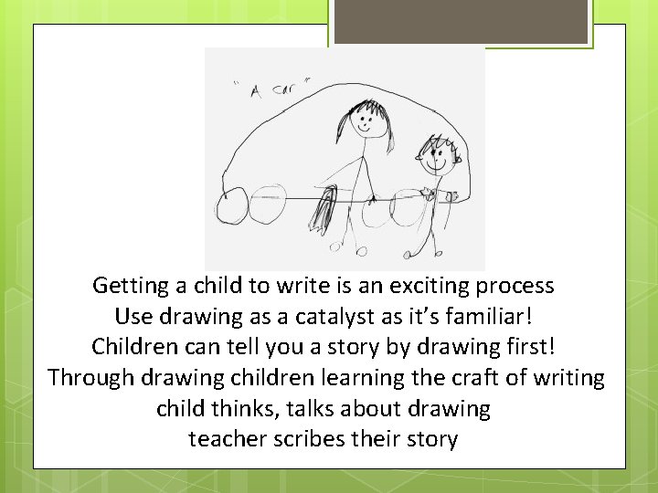 Getting a child to write is an exciting process Use drawing as a catalyst